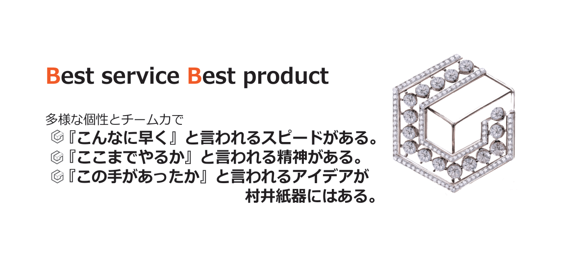 【Best service Best product】（ベストサービス　ベストプロダクト）多様な個性とチーム力で『こんなに早く』と言われるスピードがある。『ここまでやるか』と言われる精神がある。『この手があったか』と言われるアイデアが村井紙器にはある。